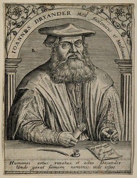 Johannes Dryander [Eichmann]. Line engraving by T. de Bry.