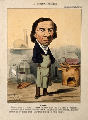 view Jean-Baptiste-André Dumas carrying out a chemical procedure. Coloured lithograph by H. Daumier.