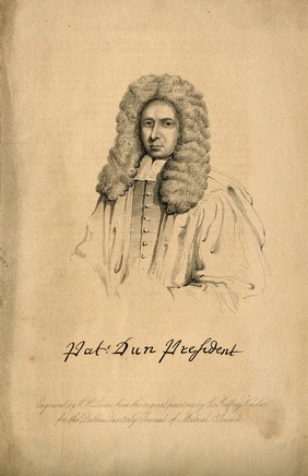 Sir Patrick Dun. Line engraving by W. H. Lizars, 1866, after Sir G. Kneller.