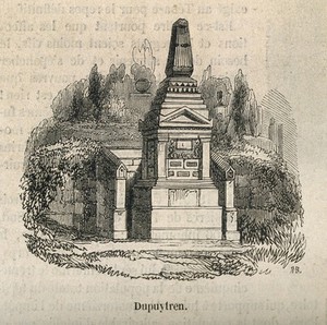 view Guillaume, Baron Dupuytren: his tomb at Père Lachaise Cemetery. Wood engraving by Best, Leloir, Hotelin, and Régnier.