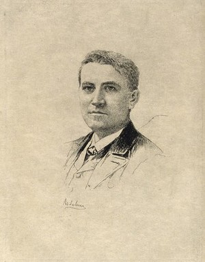 view Thomas Alva Edison. Etching by A. Lalauze, 1891.