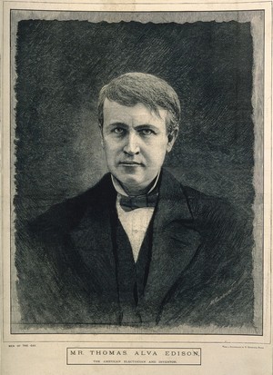 view Thomas Alva Edison. Wood engraving by M. K. L. Wright after V. Daireaux.