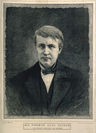Thomas Alva Edison. Wood engraving by M. K. L. Wright after V. Daireaux.