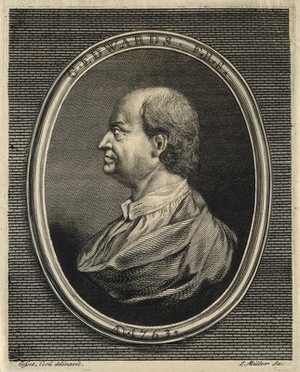 view George Edwards. Line engraving by J. Miller, 1763, after I. Gosset.