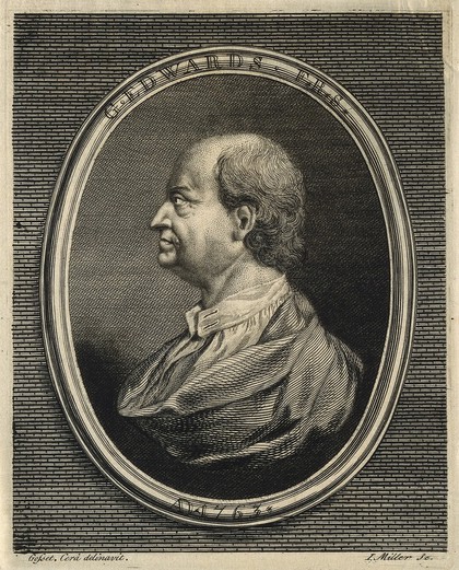 George Edwards. Line engraving by J. Miller, 1763, after I. Gosset.