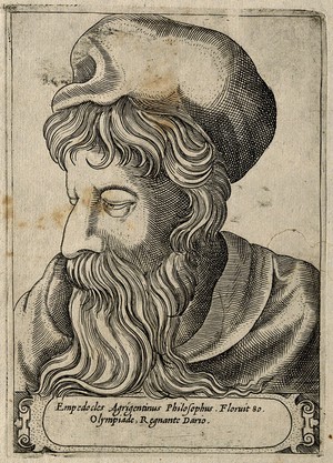 view Empedocles. Line engraving, 1580.