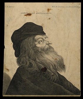 Empedocles. Line engraving attributed to H. David after C. Vignon.