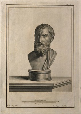 Epicurus. Line engraving by F. Cepparoli after N. Vanni.