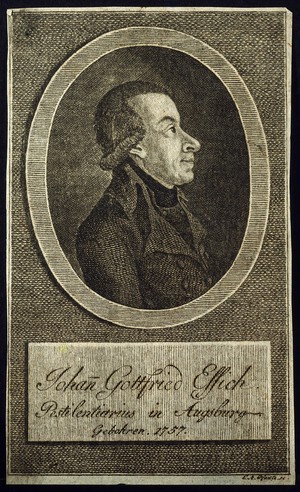 view Johann Gottfried Essich. Line engraving by C.A. Pfautz.