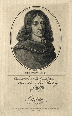 view John Evelyn. Line engraving by J. Swaine.