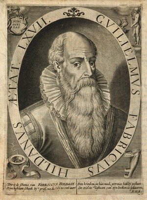 view Guglielmus Fabricius of Hilden. Line engraving by N. v. A., 1627.