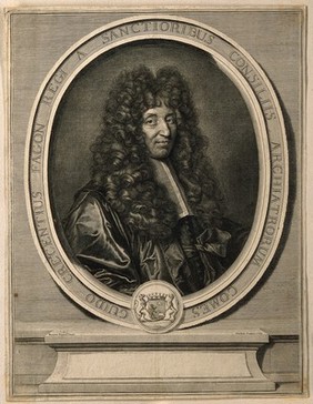 Gui Crescent Fagon. Line engraving by G. Edelinck, 1695, after H. Rigaud, 1694.