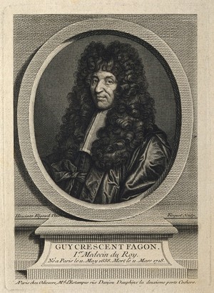 view Gui Crescent Fagon. Line engraving by E. Ficquet, 1747 and 1765, after H. Rigaud, 1694.