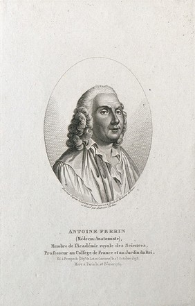 Antoine Ferrein. Stipple engraving by A. Tardieu after J.B. Pigalle.