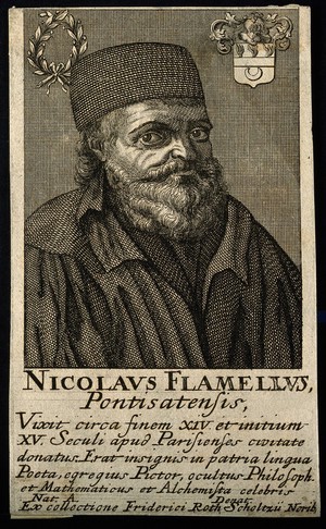 view Nicolas Flamel. Line engraving.