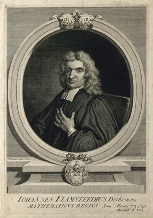 view John Flamsteed. Line engraving by G. Vertue, 1721, after T. Gibson, 1712.