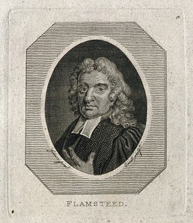 John Flamsteed. Line engraving by A. Birrell, 1795, after T. Gibson, 1712.