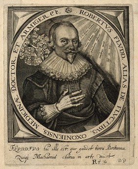 Robert Fludd. Line engraving by T. de Bry, 1645, after M. Merian, 1626.