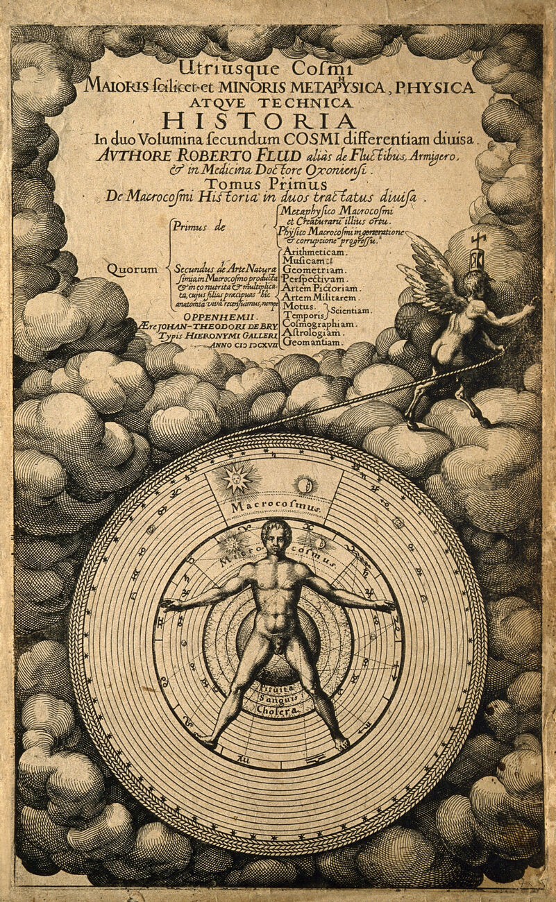 The microcosm (man) and the macrocosm (the world). Line engraving by T ...