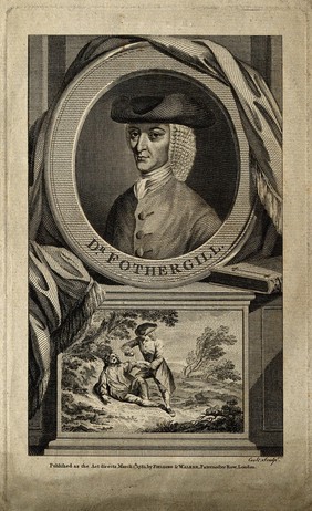 John Fothergill: portrait in oval frame with trompe l'oeil surroundings. Line engraving by [T.?] Cook, 1781.