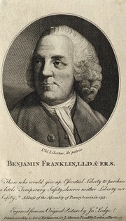 Benjamin Franklin. Line engraving by J. Lodge, 1777, after M. Chamberlin, 1762.