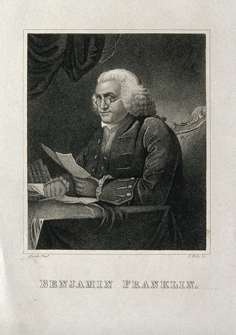 Benjamin Franklin. Stipple engraving by T. Kelly after D. Martin, 1767., by David Martin