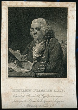 view Benjamin Franklin. Stipple engraving by C. Goodman & R. Piggott, 1818, after D. Martin, 1767.