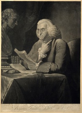 Benjamin Franklin. Mezzotint by E. Savage, 1793, after B. West after D. Martin, 1767.