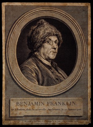 view Benjamin Franklin. Line engraving by A. de St Aubin after C. N. Cochin, junior, 1777.