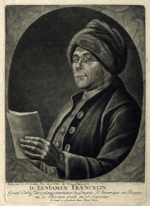 view Benjamin Franklin. Mezzotint after C. N. Cochin, junior, 1777.