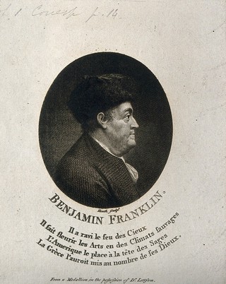 Benjamin Franklin. Line engraving by W. Grainger, 1794, after J. B. Nini, 1777.