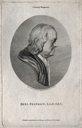 Benjamin Franklin. Line engraving by T. Holloway, 1791, after J. J. Caffiéri, 1777.