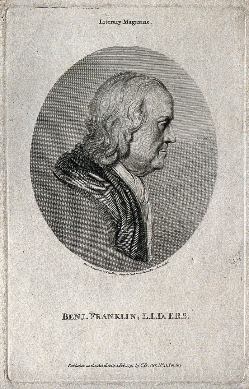 Benjamin Franklin. Line engraving by T. Holloway, 1791, after J. J. Caffiéri, 1777., 1791, by Jean-Jacques Caffieri