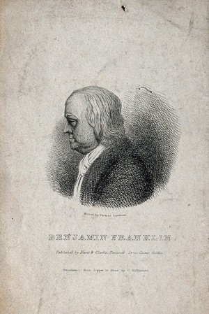 view Benjamin Franklin. Lithograph by T. Landseer after J. J. Caffiéri, 1777.