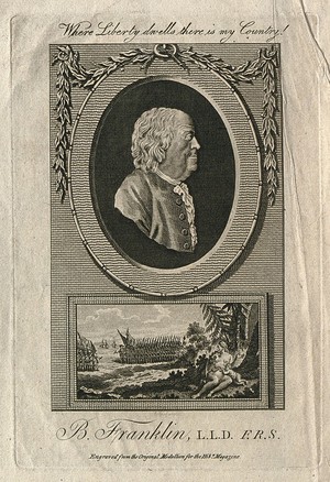 view Benjamin Franklin. Line engraving by R. Pollard, 1780.