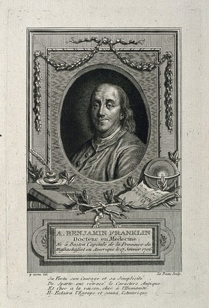 view Benjamin Franklin. Line engraving by P. A. Le Beau after P. Marin after J. S. Duplessis, 1778.