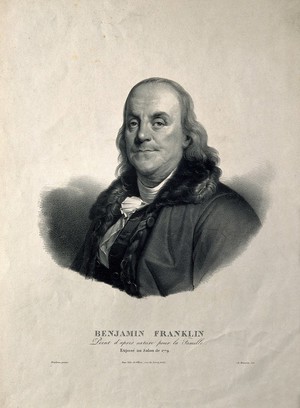 view Benjamin Franklin. Lithograph by A. Maurin after J. S. Duplessis, 1778.