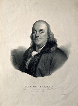 Benjamin Franklin. Lithograph by A. Maurin after J. S. Duplessis, 1778.