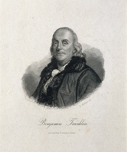 Benjamin Franklin. Line engraving by F. Weber after J. S. Duplessis, 1778.