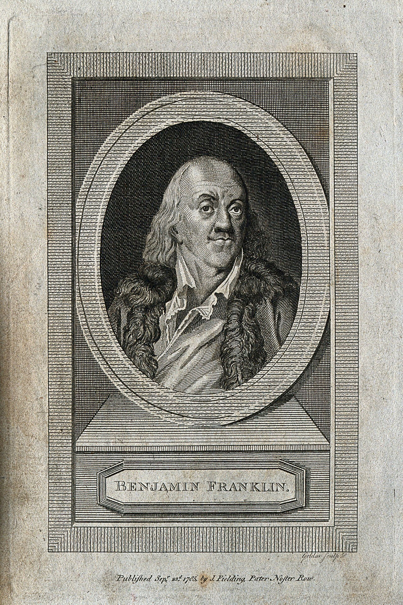 Benjamin Franklin. Line engraving by J. Goldar, 1785., 1785, by John Goldar