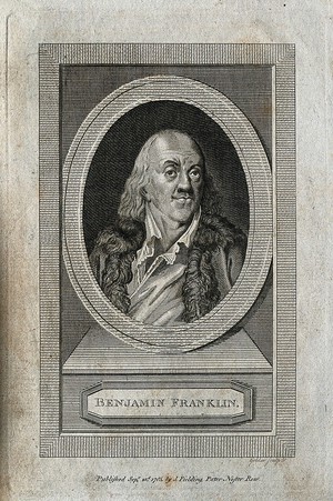 view Benjamin Franklin. Line engraving by J. Goldar, 1785.