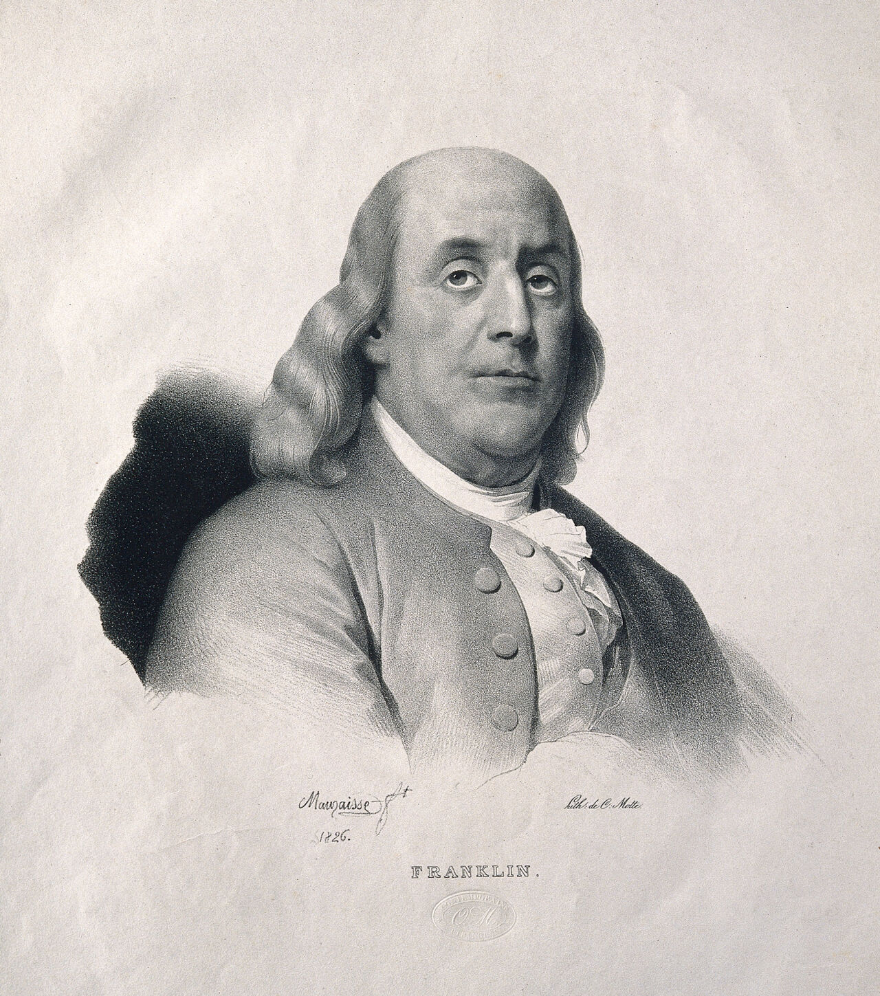 Benjamin Franklin. Lithograph by J. B. Mauzaisse, 1826., by Jean-Baptiste Mauzaisse