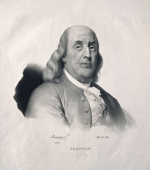 view Benjamin Franklin. Lithograph by J. B. Mauzaisse, 1826.