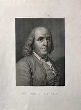 Benjamin Franklin. Line engraving by M. Bisi, 1818.