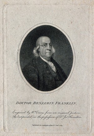 view Benjamin Franklin. Stipple engraving by W. Evans, 1804.