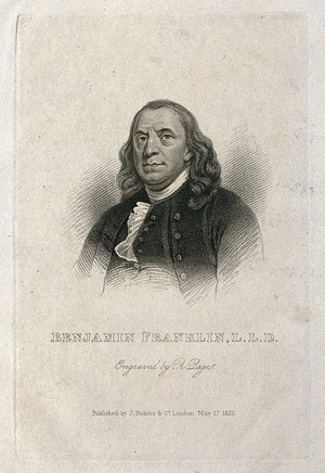 view Benjamin Franklin. Stipple engraving by R. Page, 1823.