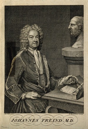 view John Freind. Line engraving by P. Fourdrinier after M. Dahl, 1725.