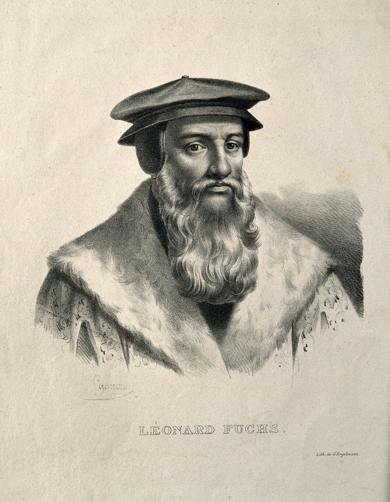 Leonard Fuchs. Lithograph by P. R. Vignéron., by Pierre-Roch Vigneron