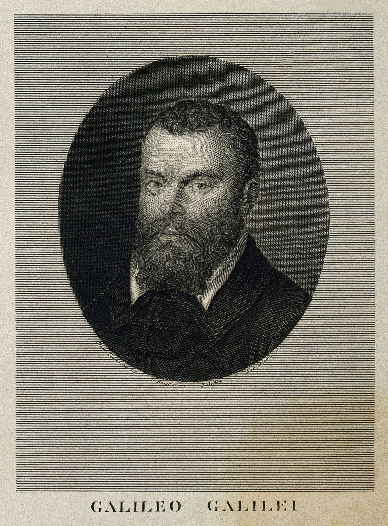 Galileo Galilei. Line engraving by N. Schiavoni after G. Bossi after D. Tintoretto., by Domenico Tintoretto