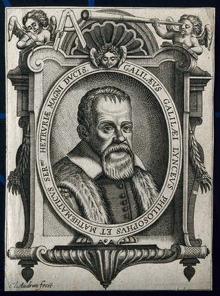 Galileo Galilei. Line engraving by C. Audran the elder after F. Villamena, 1655-56.